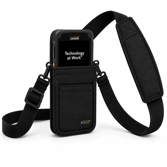 Black AgozTech shoulder sling holster with Janam mobile computer secured in the front pouch.