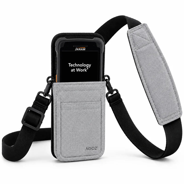 Gray AgozTech shoulder sling holster with Janam mobile computer seated in the front pouch.