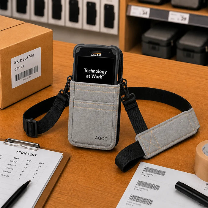 Gray AgozTech shoulder sling holster with Janam mobile computer and padded crossbody strap.