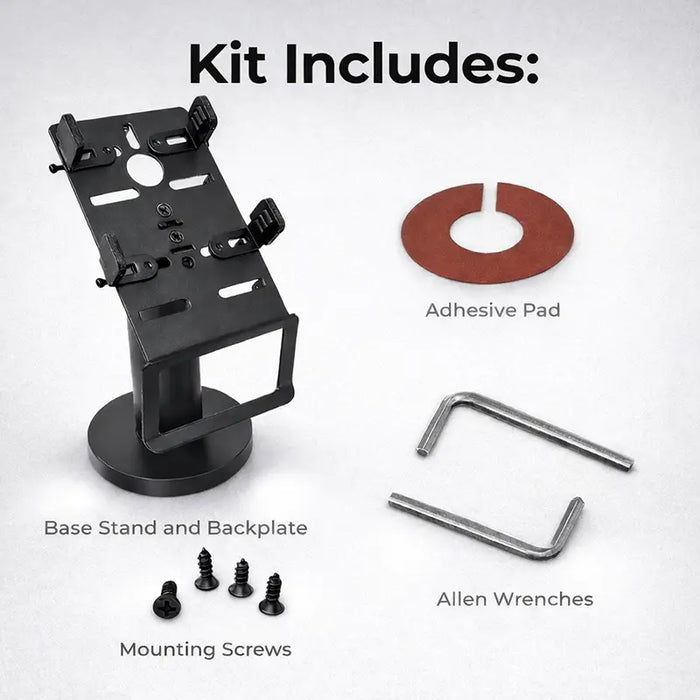 AgozTech POS countertop stand kit includes base stand and backplate, adhesive pad, mounting screws, and Allen wrenches