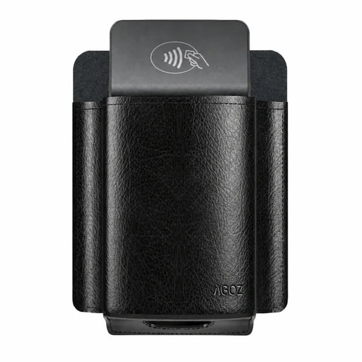 Front view of Agoz heavy-duty leather Castles POS terminal case holding a handheld payment device, featuring a textured black finish, reinforced sides, and Agoz logo.