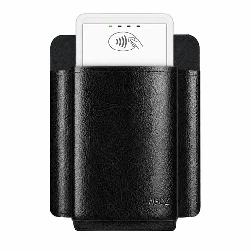 Front view of Agoz heavy-duty leather Clover Flex POS case holding a white payment terminal, featuring a textured black finish, reinforced sides, and Agoz logo.