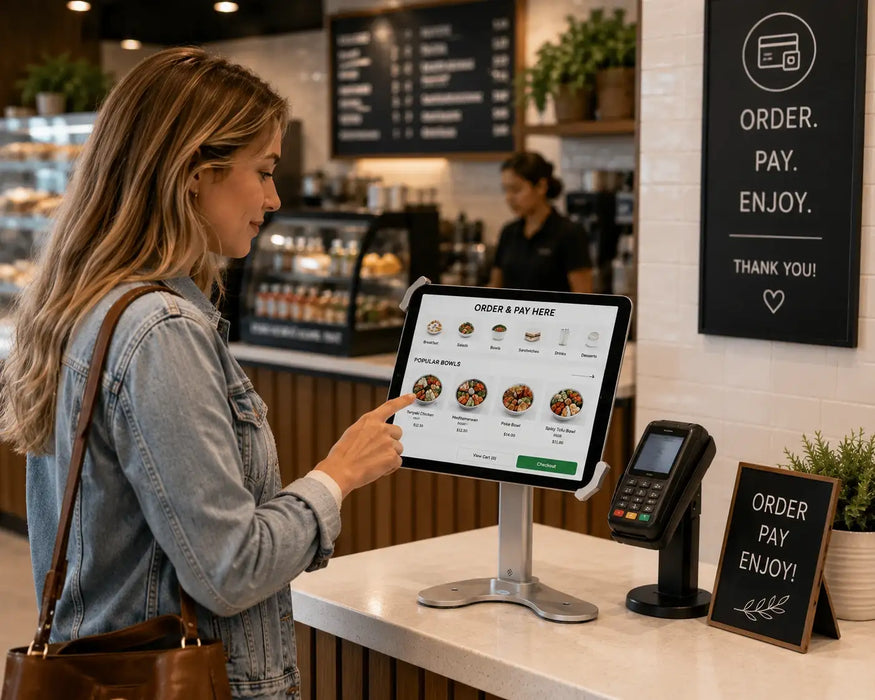 A woman with Lenova tablet stand in self checkout