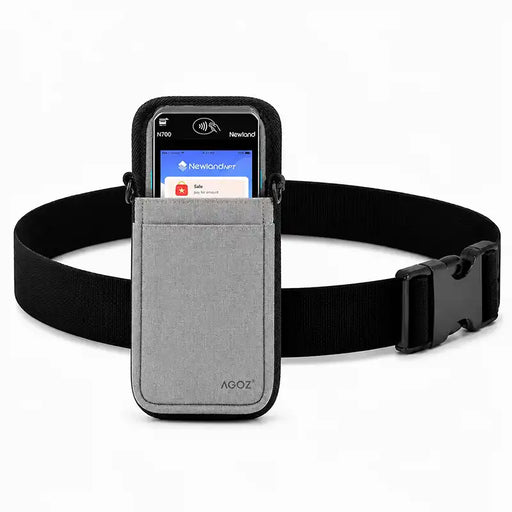 Newland POS terminal in an AgozTech gray waist belt holster with black belt for hospitality checkout workflows.