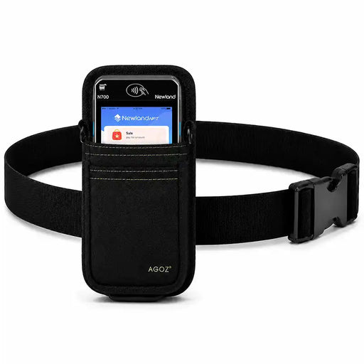 Newland POS terminal in an AgozTech black waist belt holster with front pocket for mobile checkout teams.