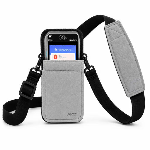 Newland POS terminal in an AgozTech gray crossbody sling holster with black shoulder strap for service teams.