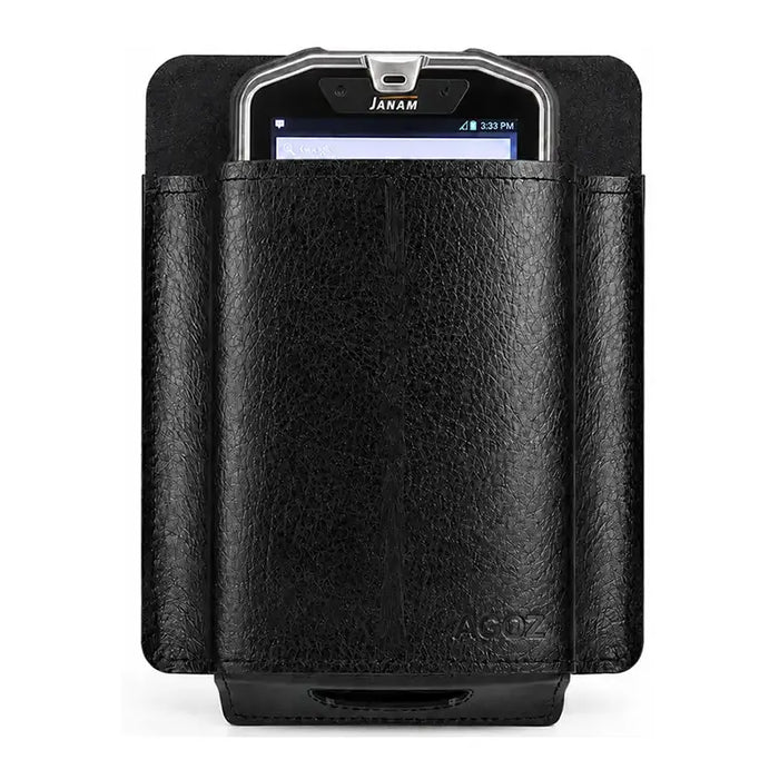 Leather Janam handheld scanner case with Janam device inserted, shown front-facing on a clean light background.