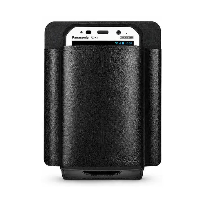Leather Panasonic Toughbook scanner case with Panasonic handheld device inserted, shown front-facing on a clean light background.