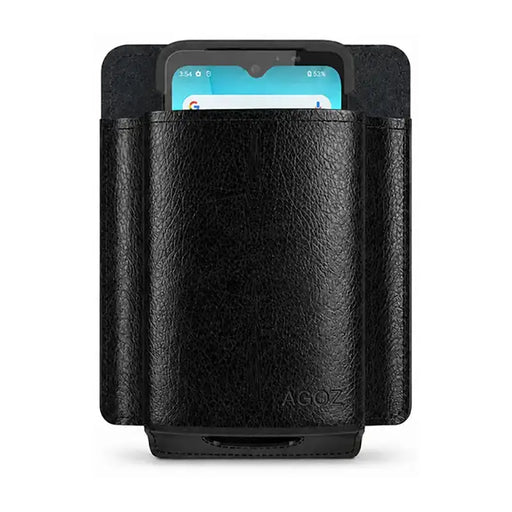 Front studio view of the leather Unitech handheld scanner case with device inserted on a light gray background.