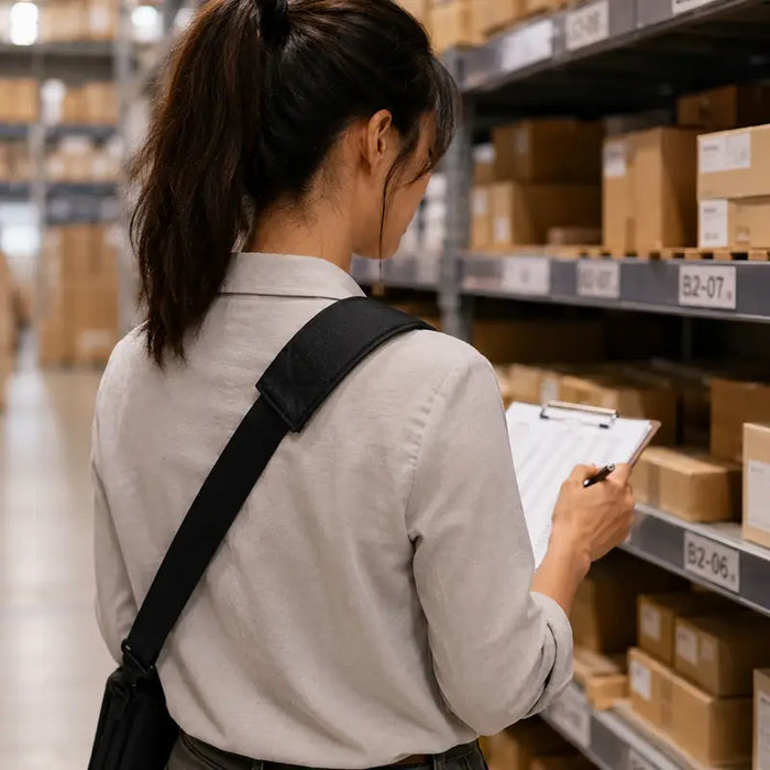 Worker wearing a crossbody shoulder sling holster while reviewing inventory paperwork along warehouse shelving.