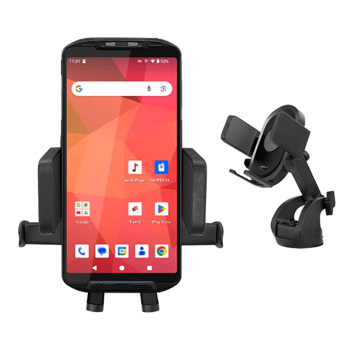 Point Mobile handheld computer secured in the AgozTech vehicle cradle mount holder with an adjustable side mount.