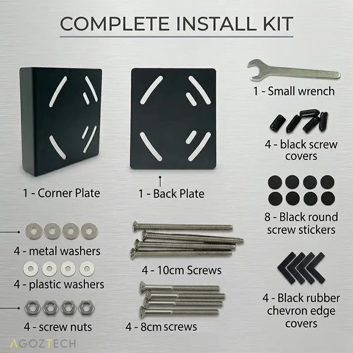 Complete install kit for Agoz forklift printer holder with plates, screws, washers, nuts, covers, and wrench