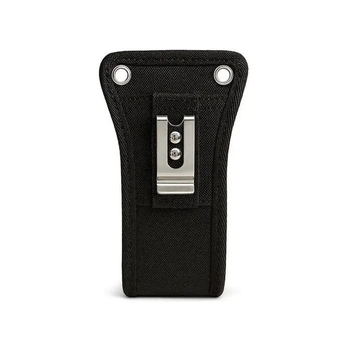 Back view of the black AgozTech scanner holster case showing the metal belt clip and reinforced eyelets.