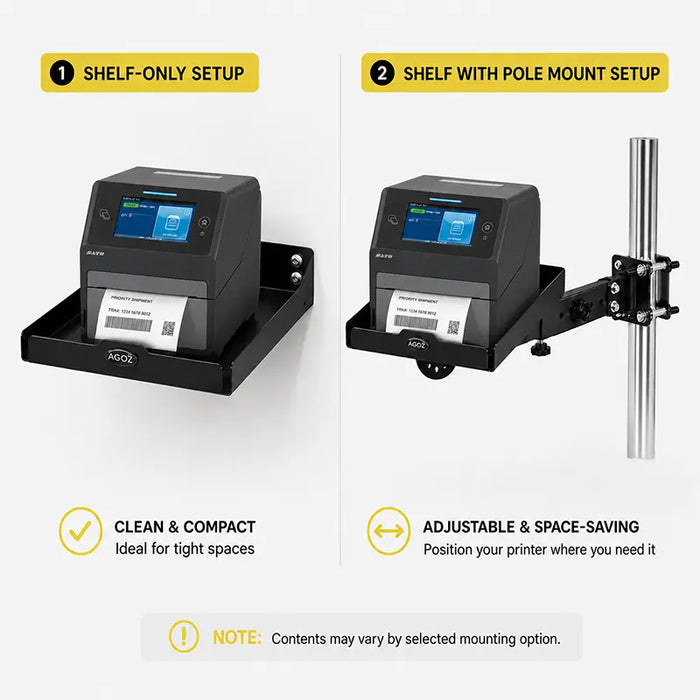 Comparison of the Agoz SATO printer shelf used alone or with an adjustable pole-mount swing arm.