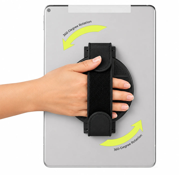 Hand holding a black 360-degree rotation device on asamsung tab active pro