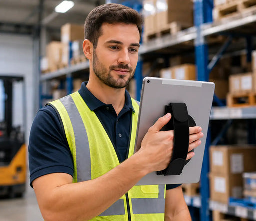 Man in a warehouse wearing a yellow safety vest holding Samsung tab active