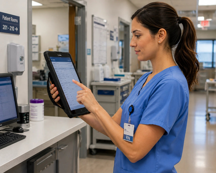 Nurse in blue scrubs using a saumsung tab active in a hospital setting