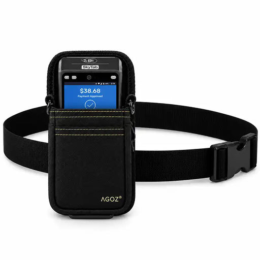 Black Agoz Shift4 SkyTab POS terminal holster with adjustable nylon waist belt, buckle closure, and front storage pocket on white background.