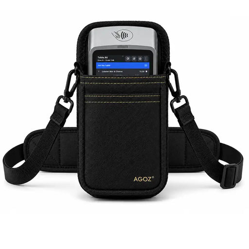 SpotOn payment terminal secured in an Agoz carrying case with an adjustable crossbody sling and padded shoulder strap.