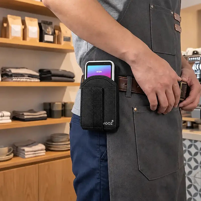 Close-up of Agoz belt clip case securely holding Stripe Reader payment terminal at a worker’s waist
