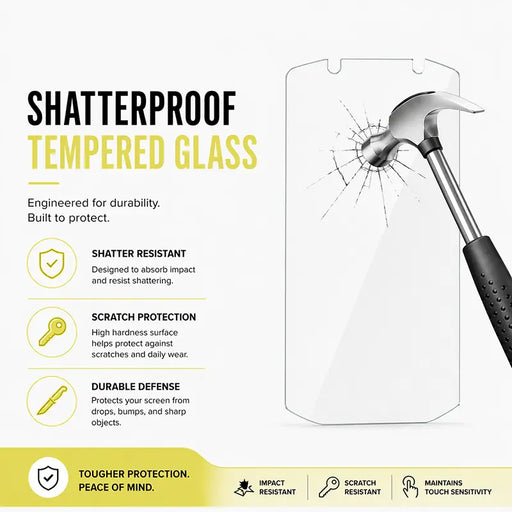 Infographic showing shatterproof tempered glass protection for Zebra TC77 rugged mobile computers