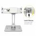 Agoz tablet stand with close-up view of the keyed lock used to secure the adjustable holder.