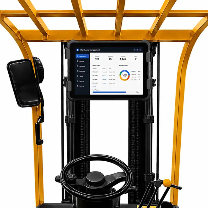 Front operator view of a Unitech RT112 tablet mounted inside a forklift cab for warehouse workflows
