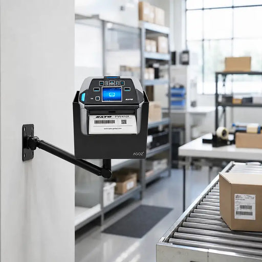 SATO mobile printer secured in an AgozTech adjustable swing arm mount with metal holder near a warehouse conveyor station.