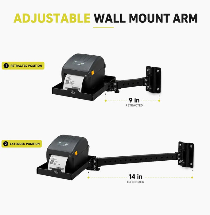 Agoz adjustable wall-mount arm for the Zebra ZD621 printer shown in 9-inch retracted and 14-inch extended positions.