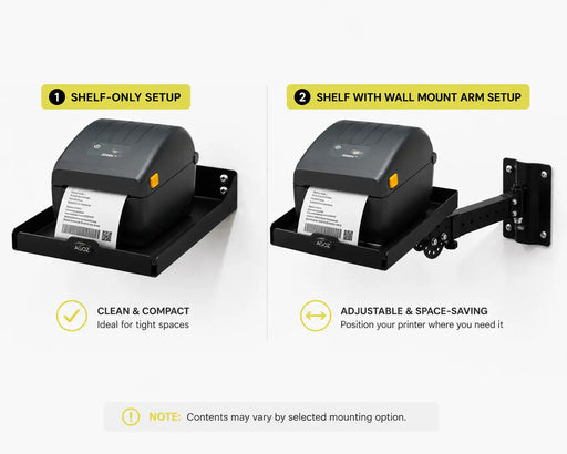 AgozTech Zebra ZD421 printer wall mount shelf shown in shelf-only and swing arm setup options