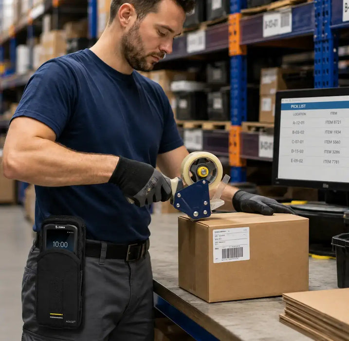 Warehouse worker sealing a cardboard box with a tape gun while wearing a black AGOZ belt case holding a Zebra mobile computer at a packing station.