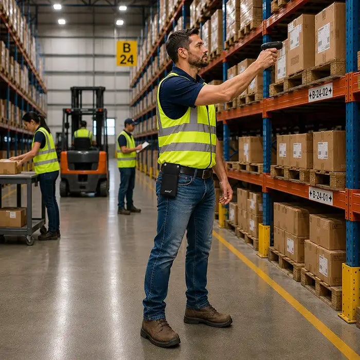 JLT handheld barcode scanner and black AgozTech holster case shown in a warehouse aisle for industrial operations.