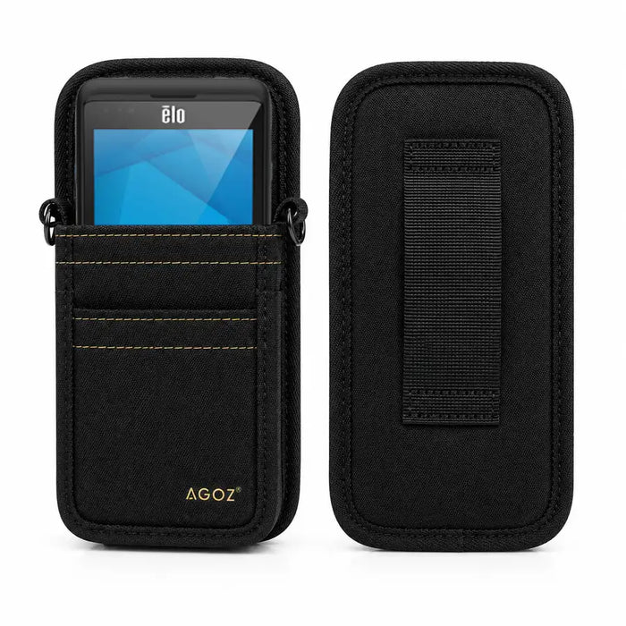 a Black crossbody case holding an ELO handheld scanner on a white background
