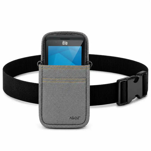 a gray waist belt case for Elo handheld scanner on a white background