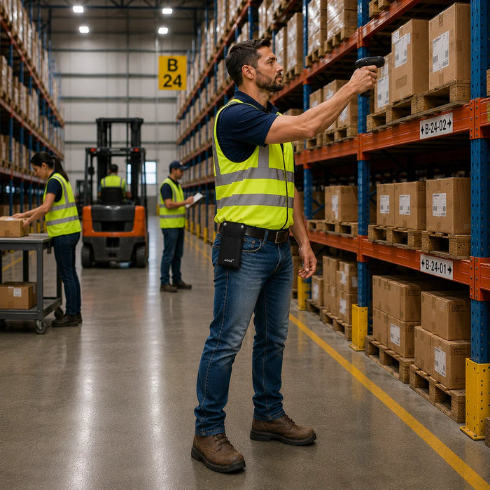 A man with a 2D scanner holster is scanning boxes with a honeywell barcode scanner in a warehouse