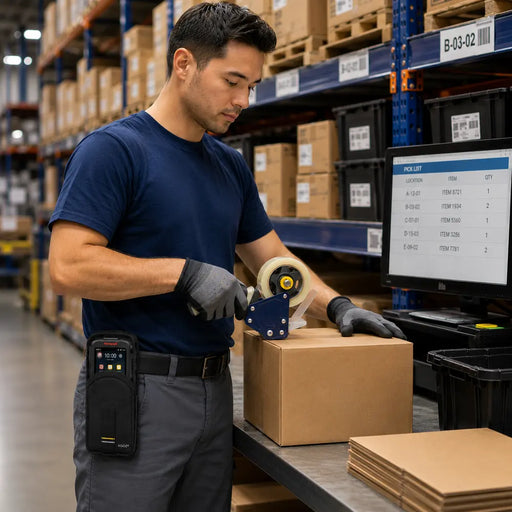 Warehouse worker sealing a cardboard box with a tape gun while wearing a compact black AGOZ belt case holding a Honeywell mobile computer at a packing station.