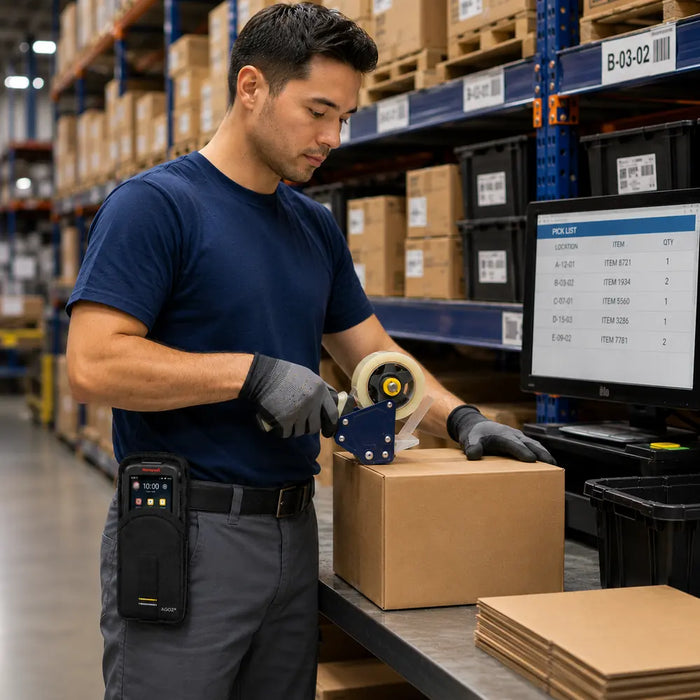Warehouse worker sealing a cardboard box with a tape gun while wearing a compact black AGOZ belt case holding a Honeywell mobile computer at a packing station.