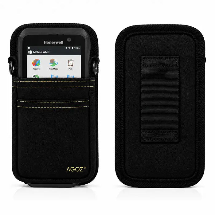 A honeywell handheld scanner in a black belt waist case on a white background