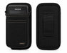 A honeywell handheld scanner in a black belt waist case on a white background