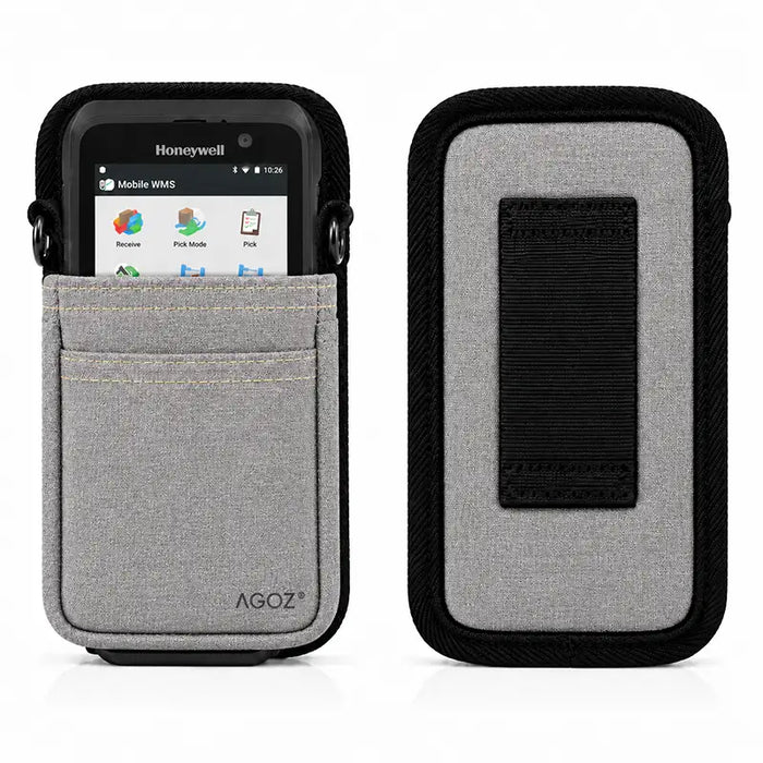 A honeywell handheld scanner in a gray belt waist case on a white background