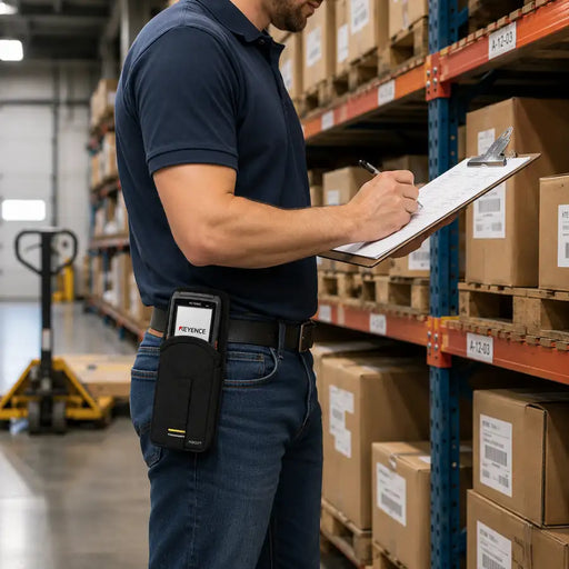 Warehouse worker checking inventory with a clipboard while carrying a Keyence handheld scanner in a black AGOZ belt case.