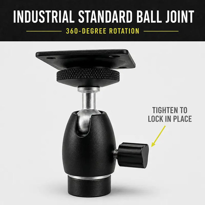 Industrial ball joint close-up showing 360-degree rotation and tightening knob for secure positioning