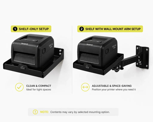AgozTech Honeywell printer wall mount shelf shown in shelf-only and swing arm setup options