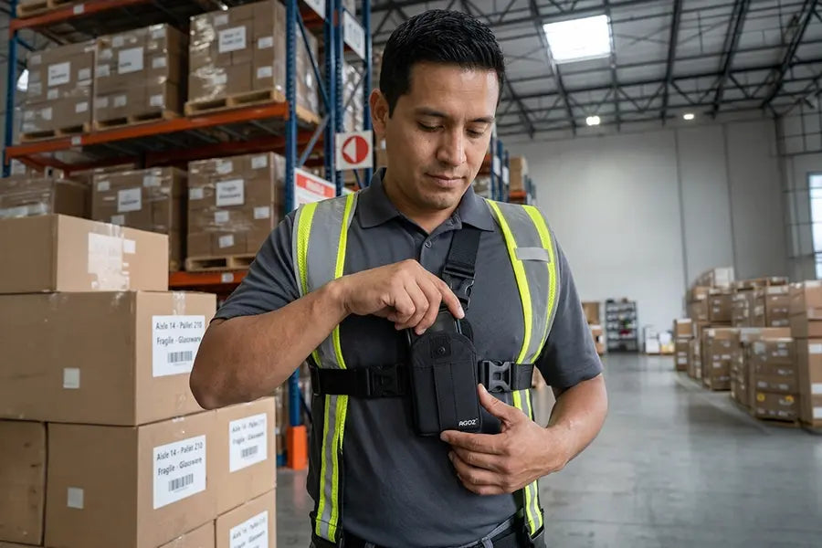 Warehouse worker using a Chest Harness Holster for Keyence Mobile Scanners in a storage facility with boxes and shelving in the background