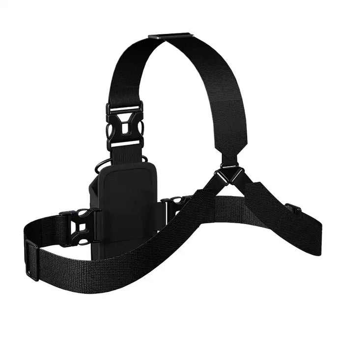 Back view of adjustable chest harness pouch showing rear strap connection and radio holder
