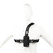 Chest harness scanner pouch displayed on mannequin with front strap and side buckles
