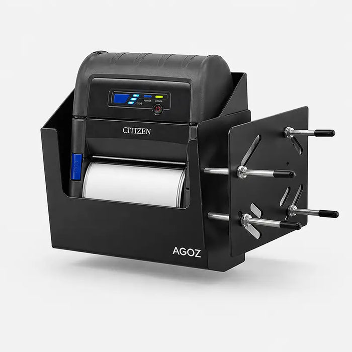 Agoz metal forklift holder with Citizen mobile printer and bracket mounting system on a white background