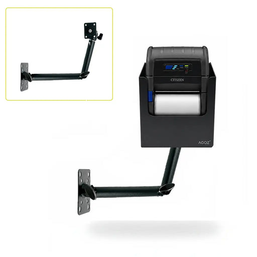 Citizen mobile printer secured in an Agoz metal holder on an adjustable swing arm mount