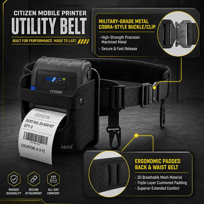 Citizen mobile printer utility belt feature callout highlighting metal buckle and padded waist support
