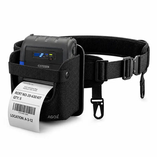 Citizen mobile printer secured in an Agoz utility waist belt holster with printed barcode label